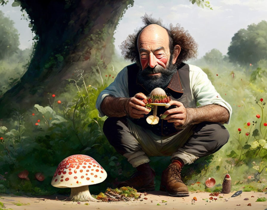 Eating mushrooms in the woods