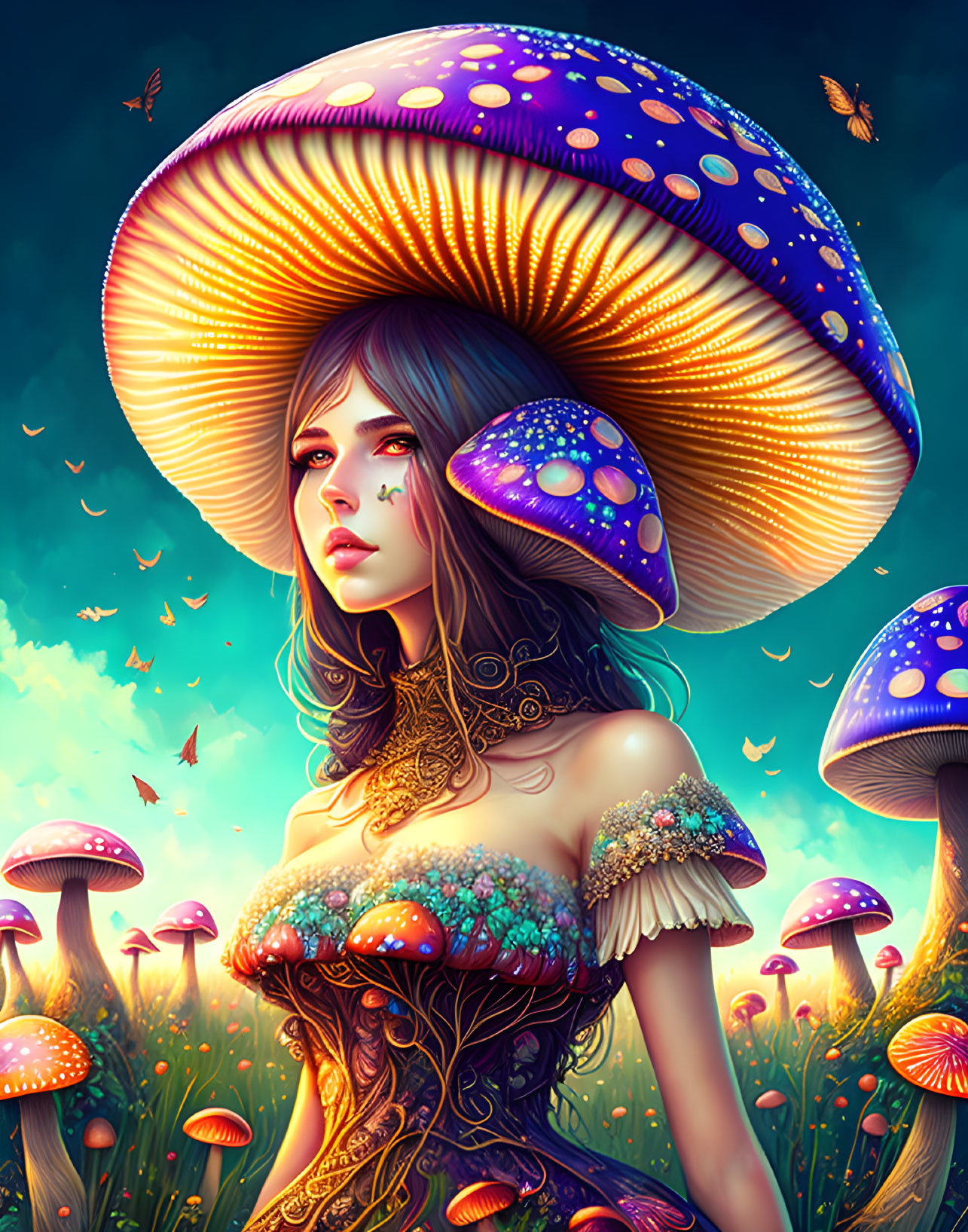 Colorful woman in mushroom cap surrounded by glowing fungi and butterflies