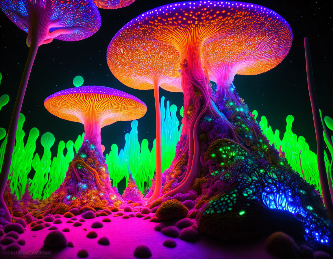 Fantasy landscape with glowing mushrooms and neon colors