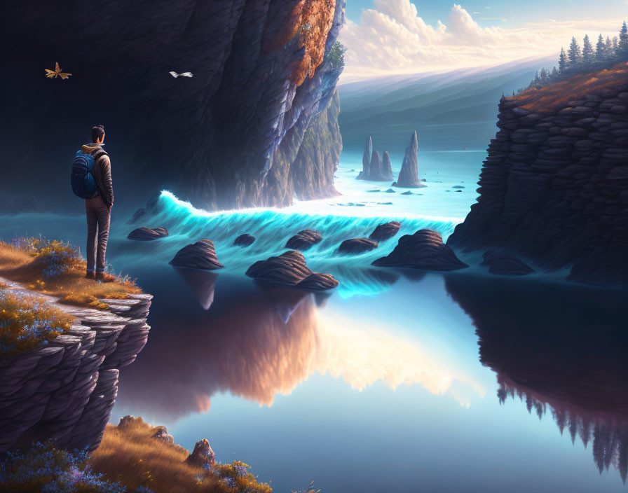 Traveler admires serene landscape with glowing blue waves and majestic cliffs at twilight.