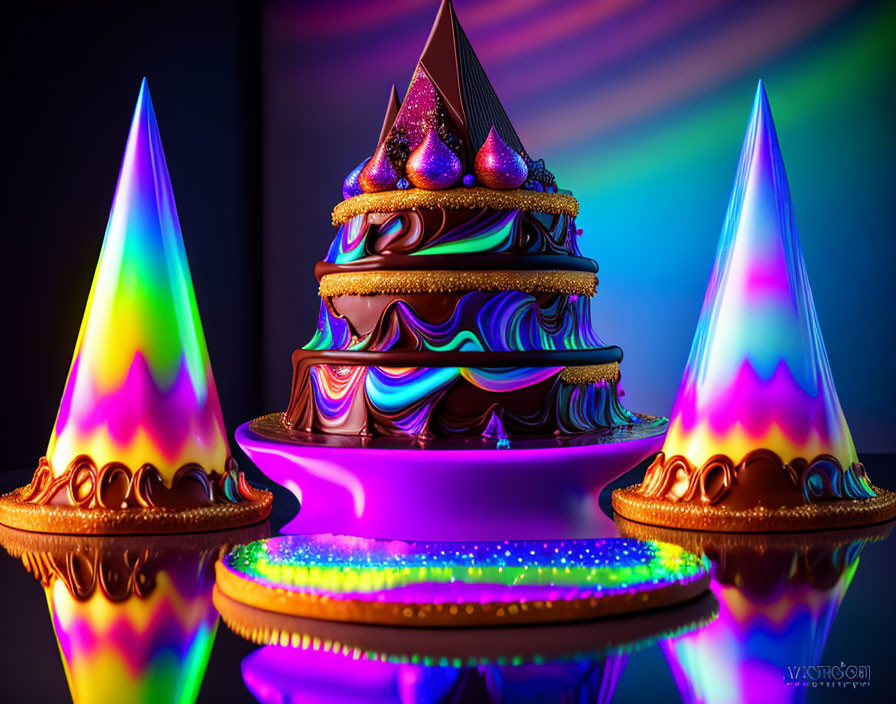 Colorful Fantasy Cake with Neon Glows and Glowing Cones on Shiny Surface