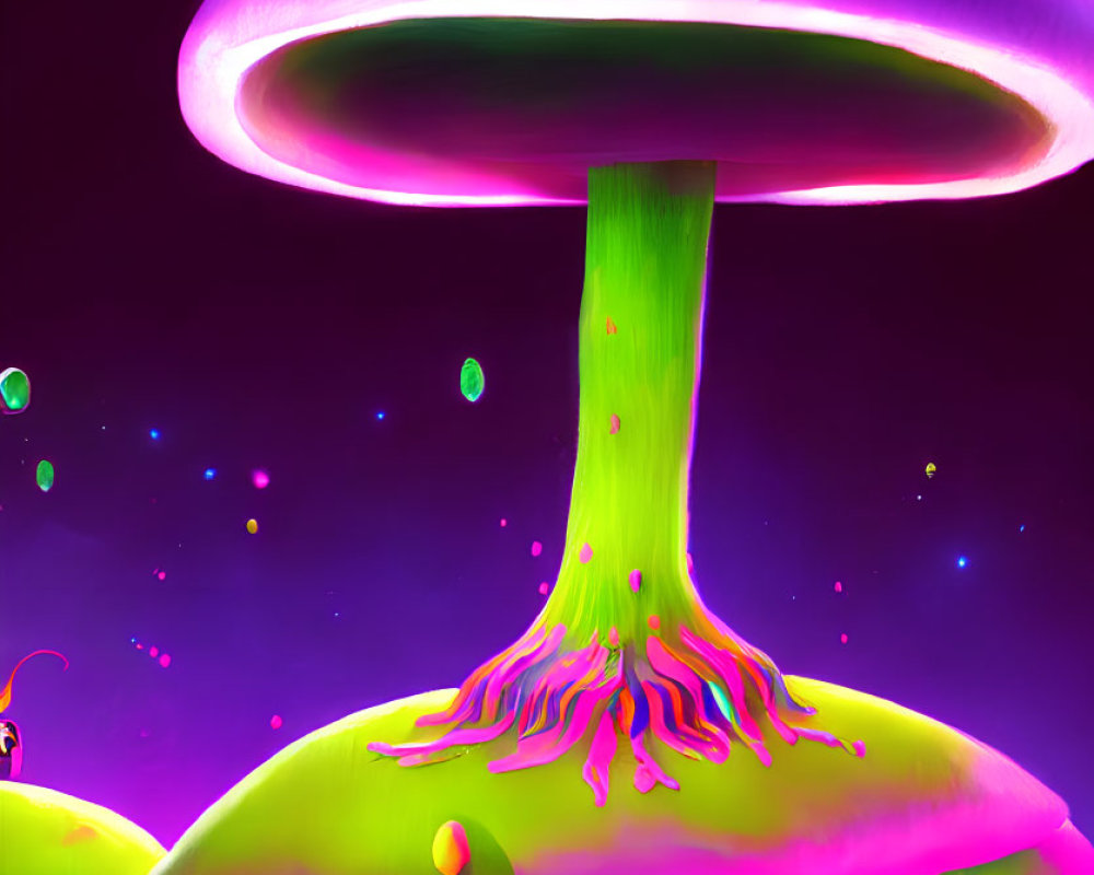 Neon-lit purple and green mushroom on dark magenta background