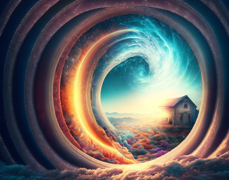 Digital artwork: House on floating island with colorful clouds & galaxy vortex