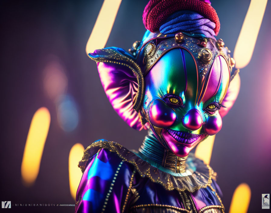 Colorful Portrait of Futuristic Character with Elaborate Headwear and Neon Lighting