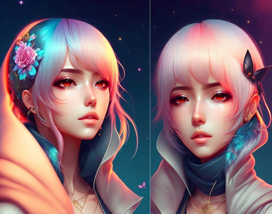 Stylized digital portraits: Girl with pastel hair, floral accessories, starry background