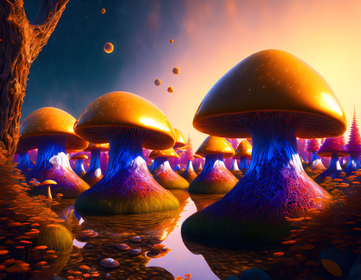 Enchanted landscape with oversized mushrooms, reflective water, starry sky, and floating rocks.