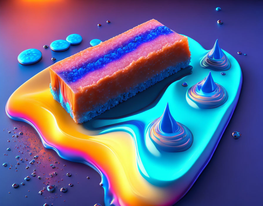 Vibrant surreal cake slice on glossy surface with blue and orange gradients