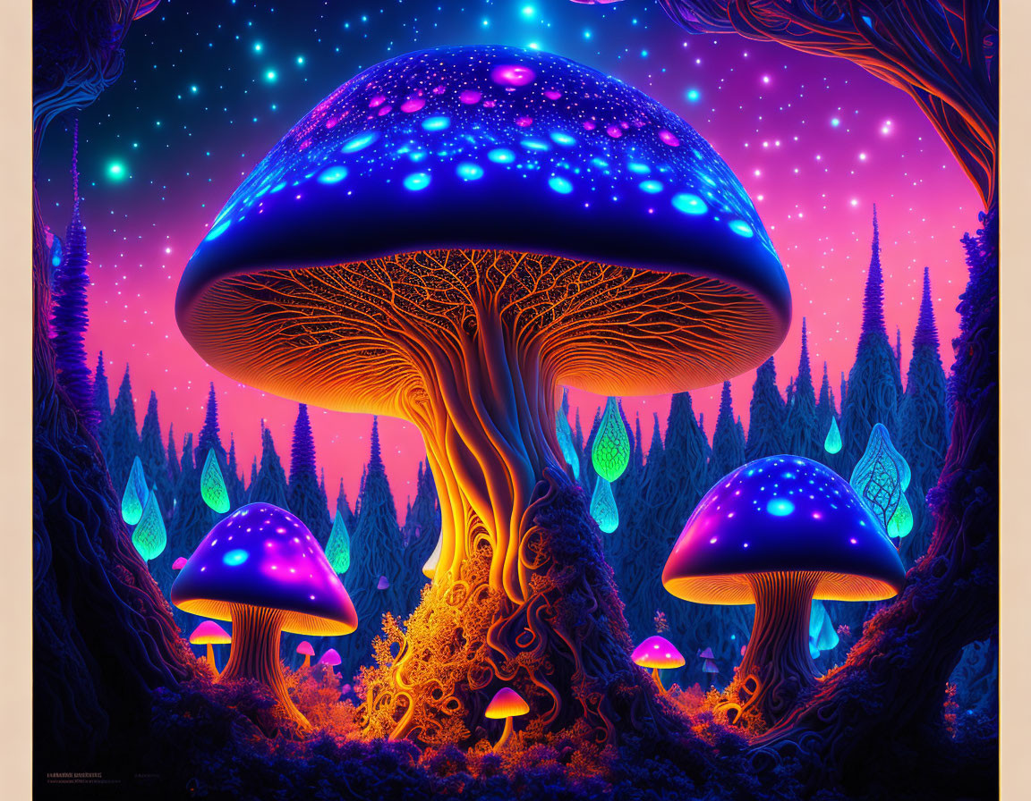 Fantastical neon-colored mushroom forest under starry sky