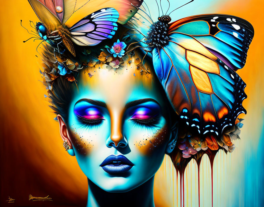 Colorful Artwork: Woman with Butterfly Wings Eyebrows and Flowers