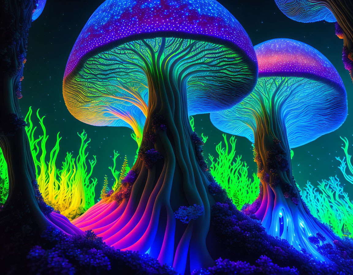 Colorful Neon Mushroom Structures in Underwater Coral Scene