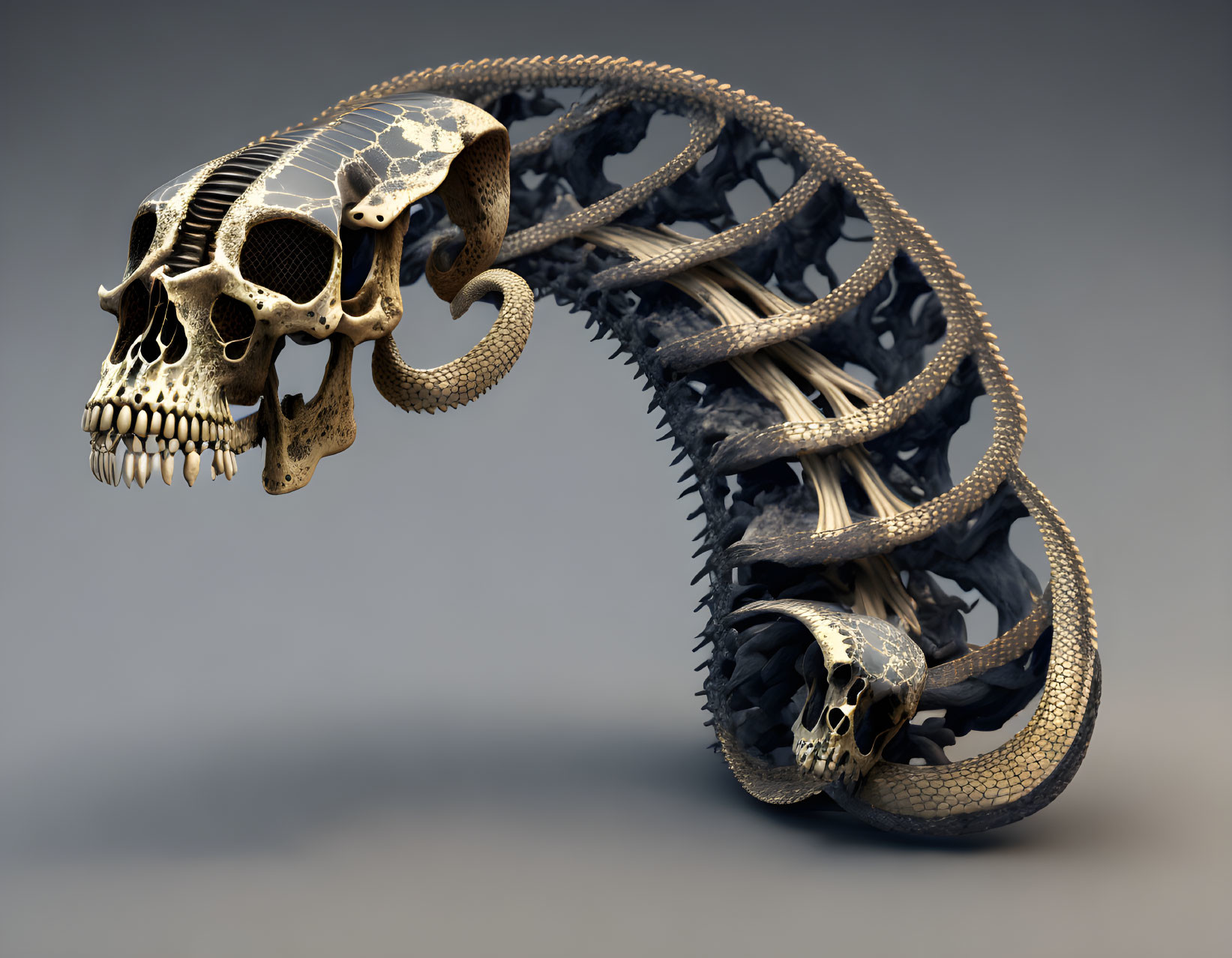 Interconnected skull art with snake-like bone structure