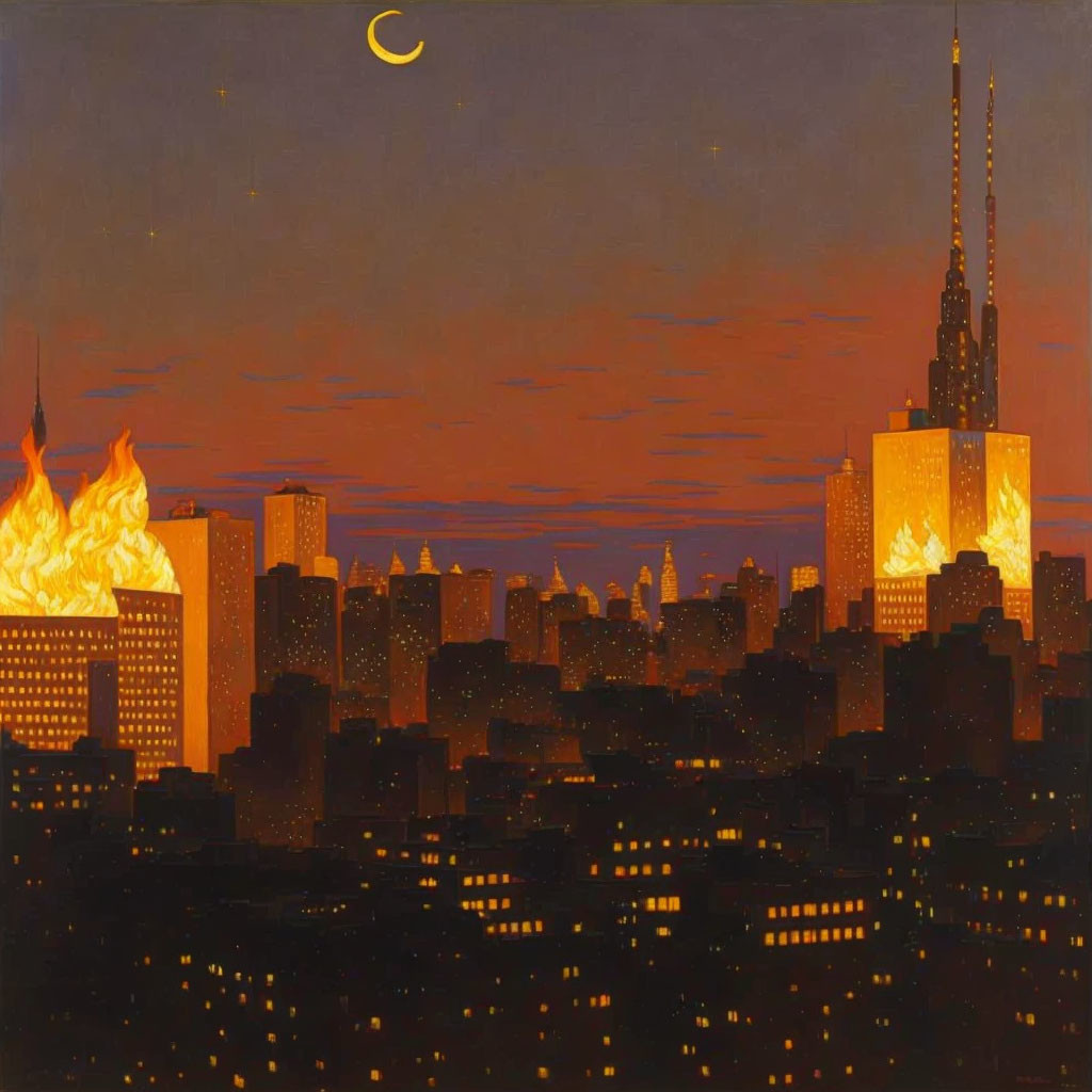 Cityscape painting at dusk: silhouetted buildings, fiery sky, crescent moon