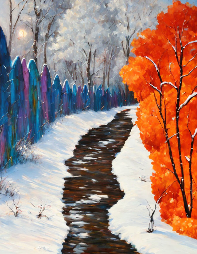 Colorful winter scene with orange tree, fence, and forest landscape