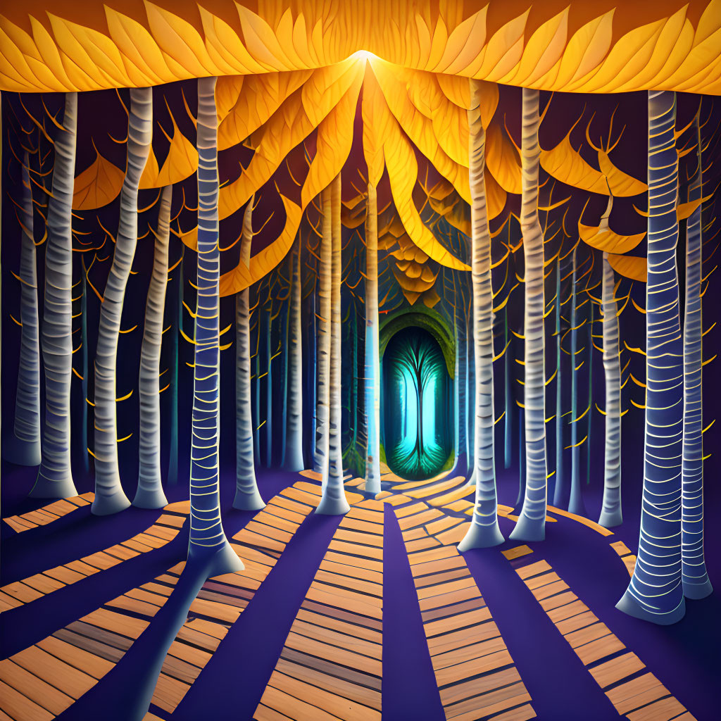 Whimsical forest illustration: blue trees, golden leaves, wooden floor, glowing green archway