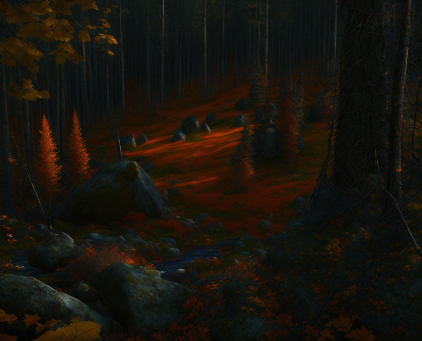 Twilight mystic forest with red sunlight on autumn leaves & stream