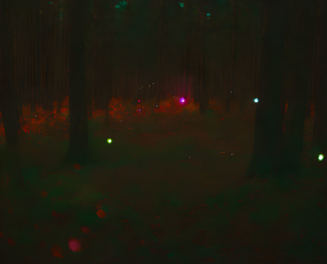 Mysterious forest with glowing red and green lights