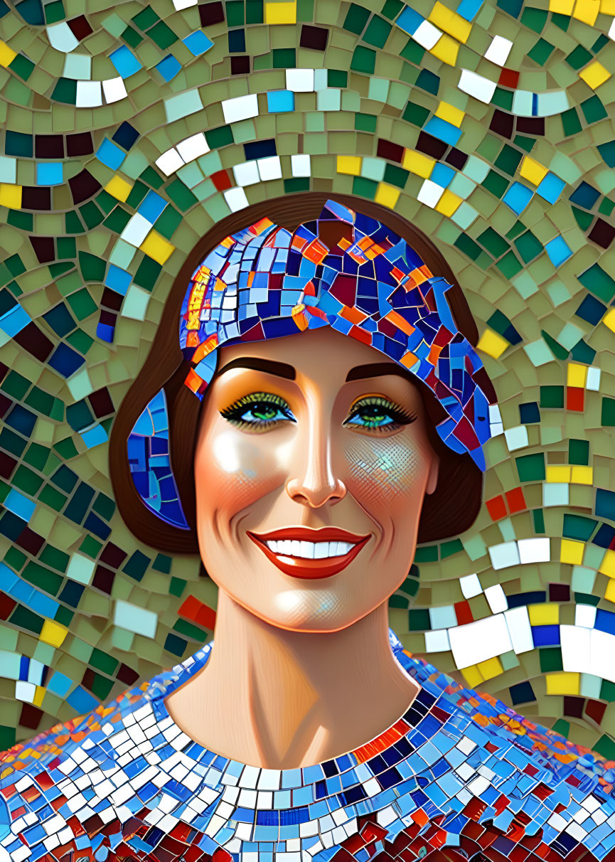 Colorful Mosaic Pattern Portrait of Smiling Woman in Blue Hat