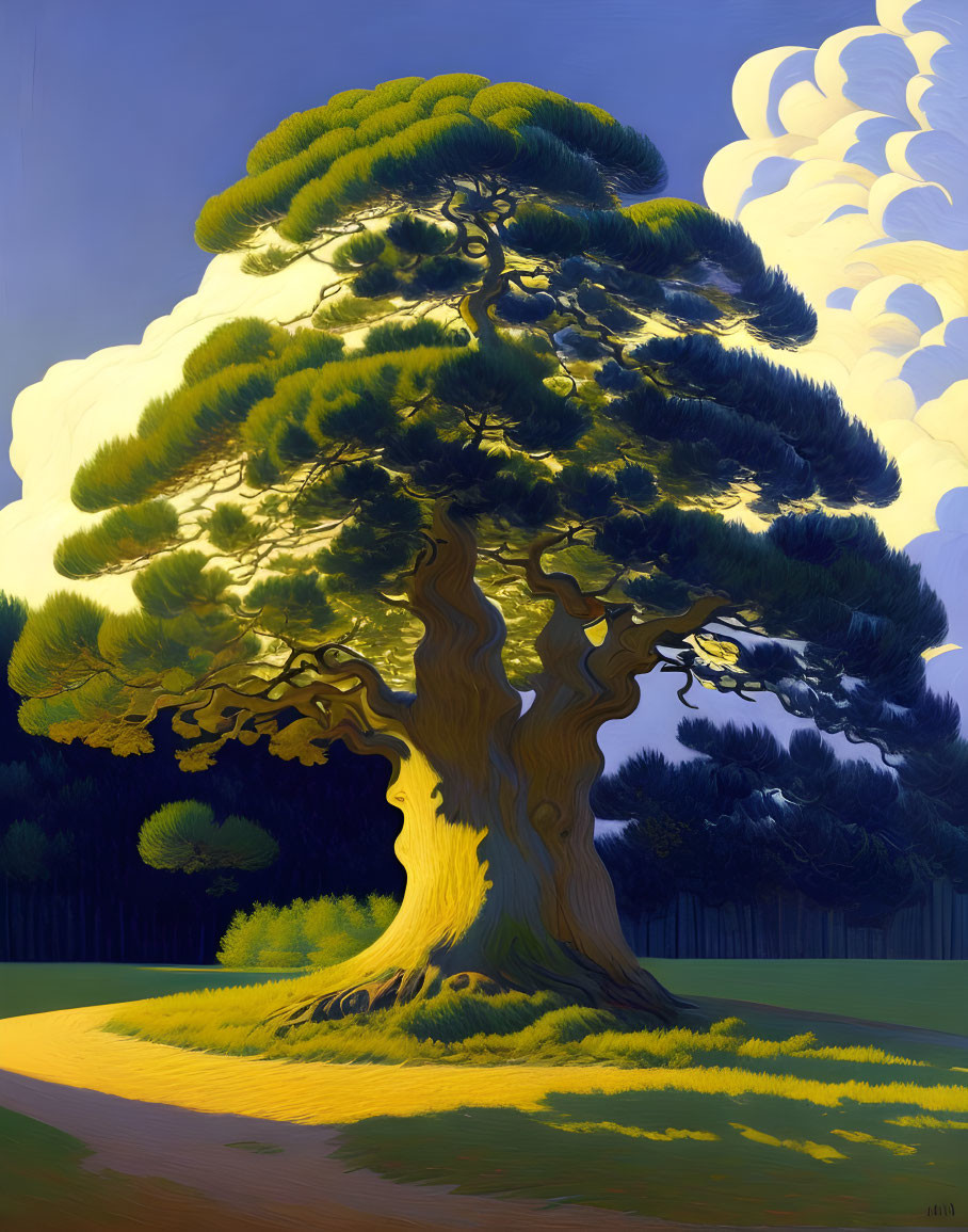 Majestic tree painting with thick trunk and lush green canopy