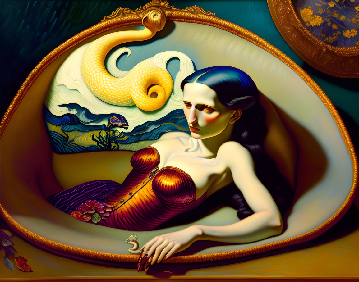 Surreal woman with mermaid tail in shell, stylized waves, golden frame