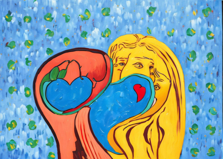 Colorful Abstract Painting of Person Holding Heart on Blue Background