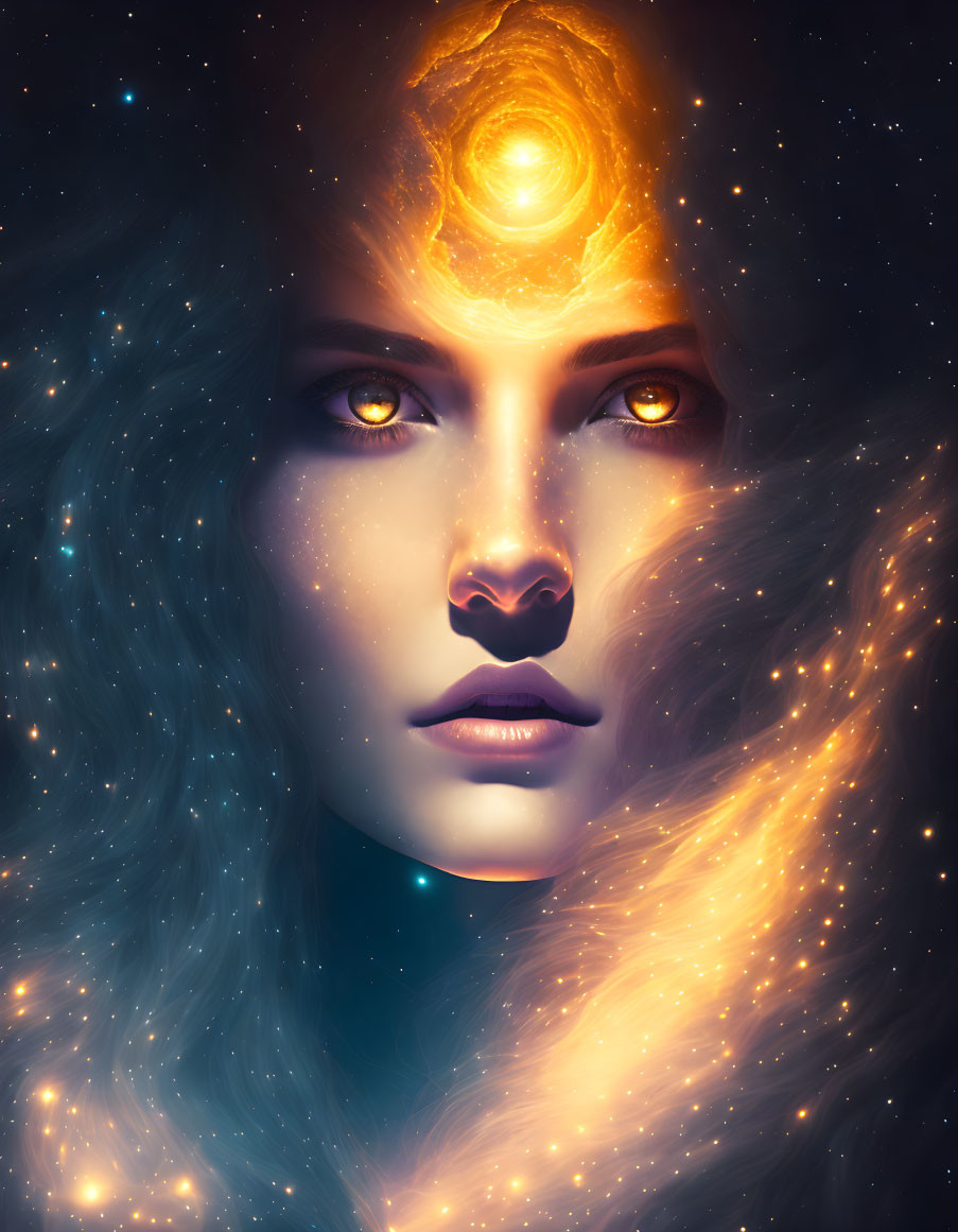 Digital Art: Woman's Face with Galaxy and Stars Theme