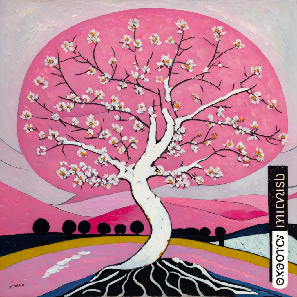 Colorful painting of blooming tree with pink backdrop and stylized landscape