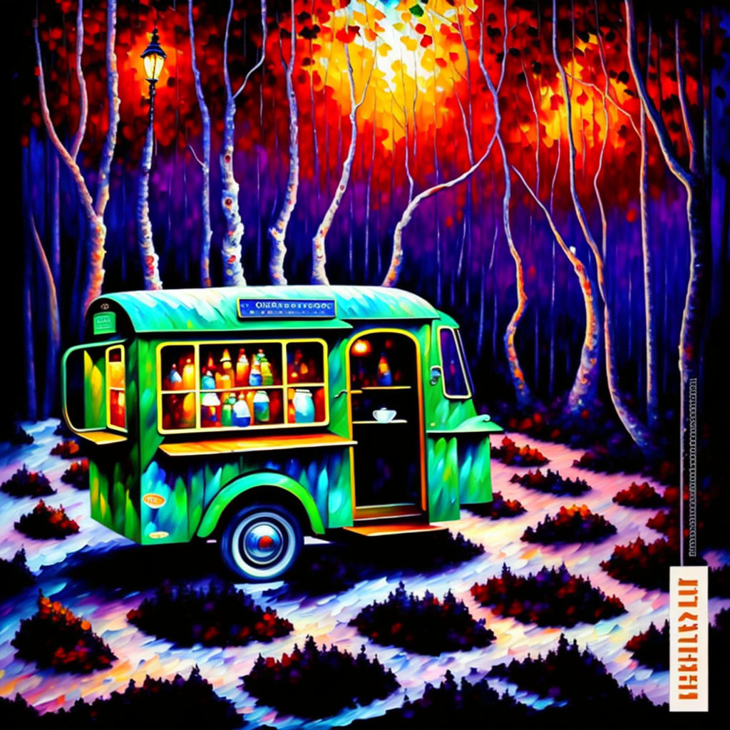 Colorful painting: Whimsical green bus in mystical forest with autumn trees and glowing lamppost