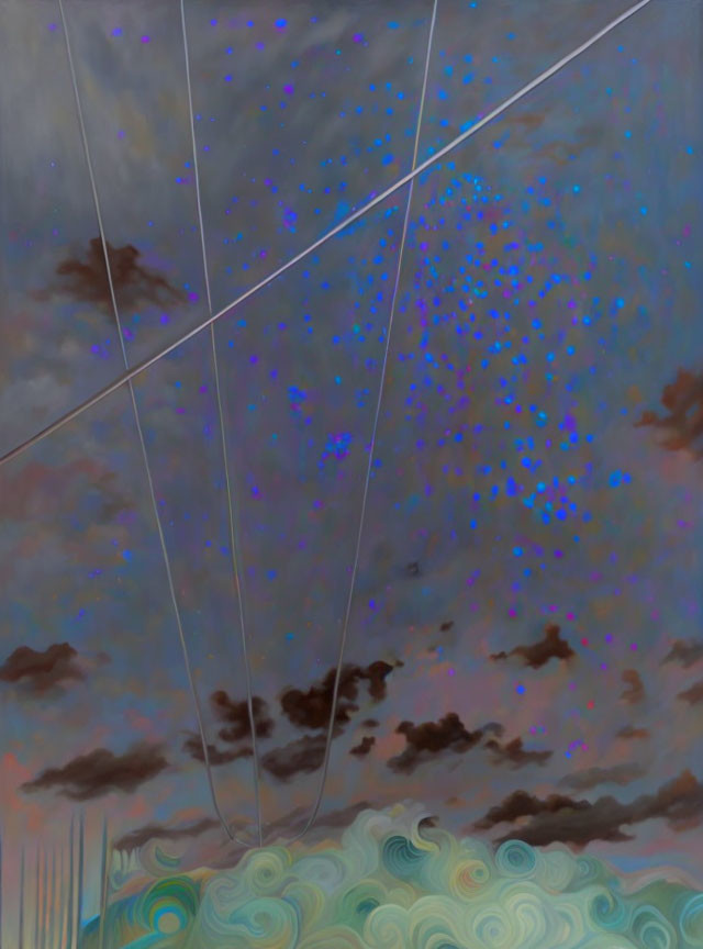 Surreal painting: starry sky, dark clouds, white rain lines