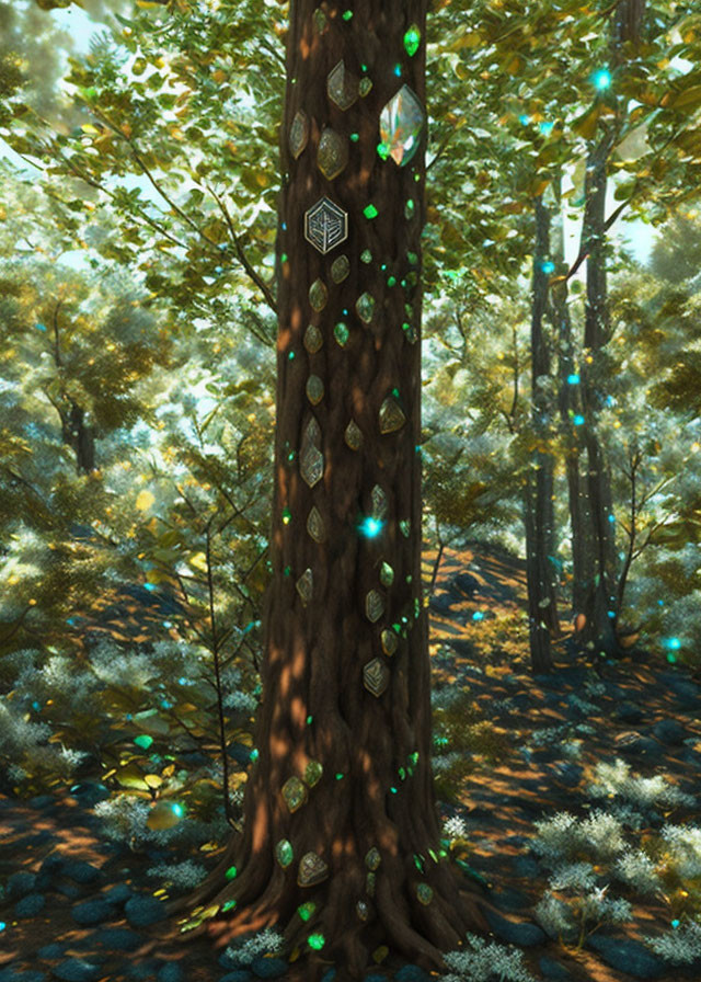 Enchanting forest scene with glowing symbols on large tree