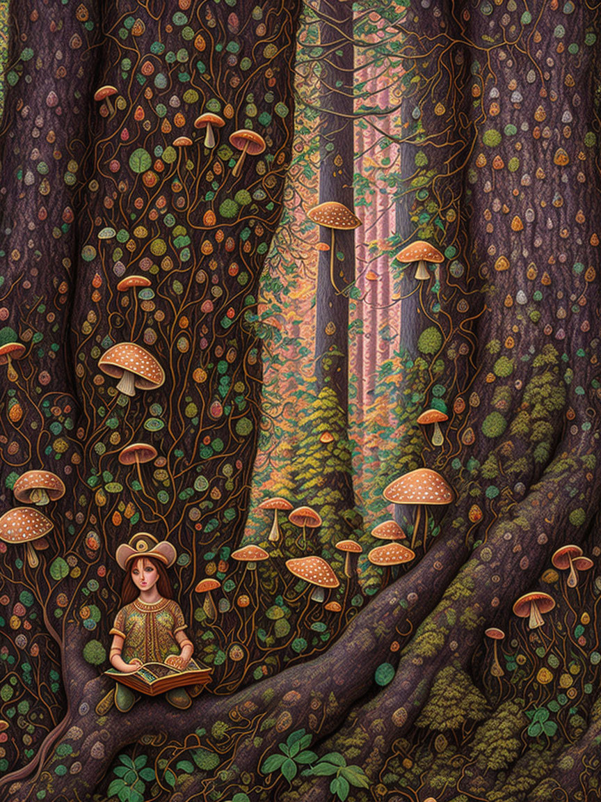 Girl reading book in whimsical mushroom forest.