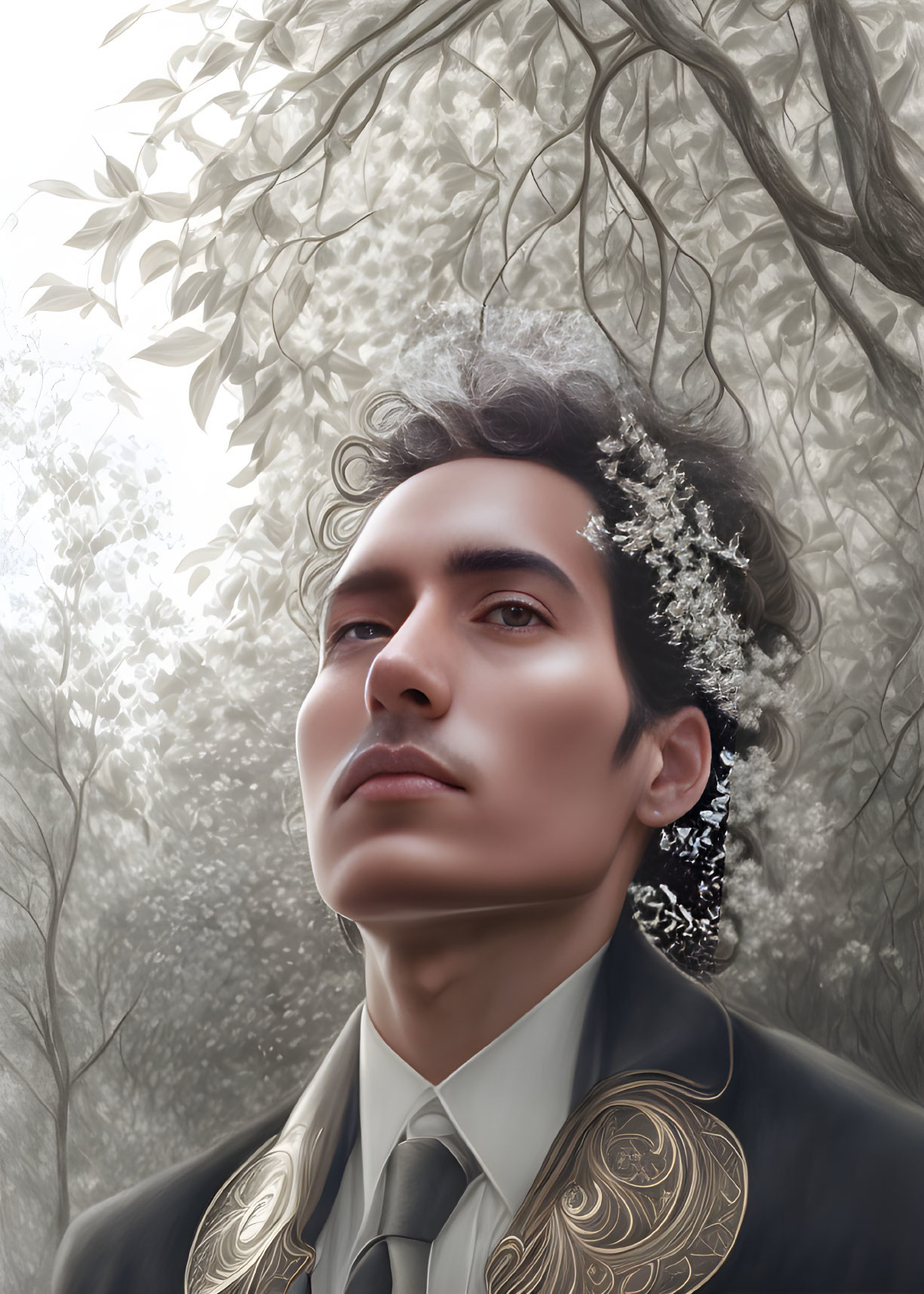 Detailed Embroidered Suit Man Gazing Upward in Monochromatic Woodland