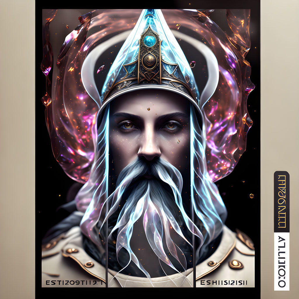 Majestic figure with pearl-white beard in blue and gold crown surrounded by pink crystals