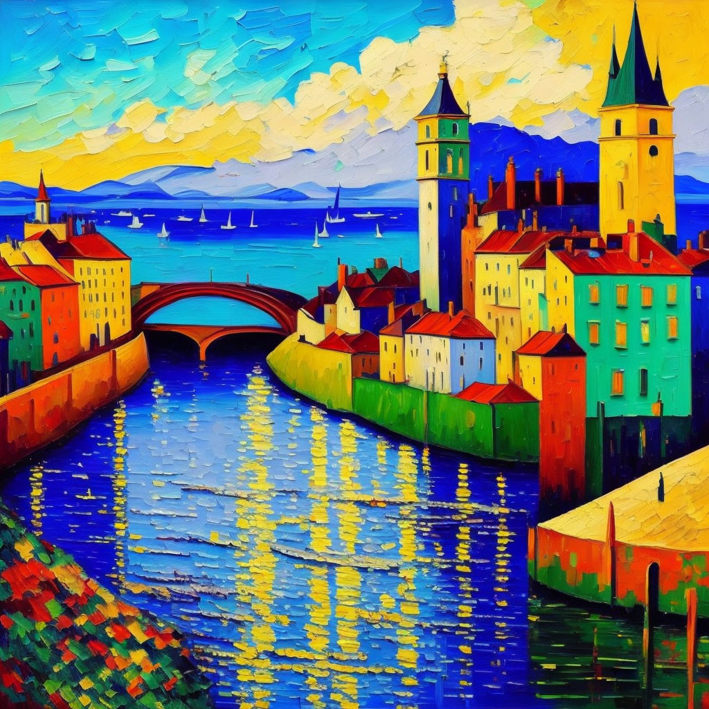 Colorful Expressionist-Style Painting of Riverside Townscape