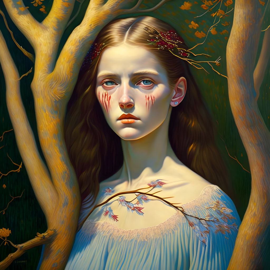 Young woman portrait with solemn expression in golden-lit forest scene.