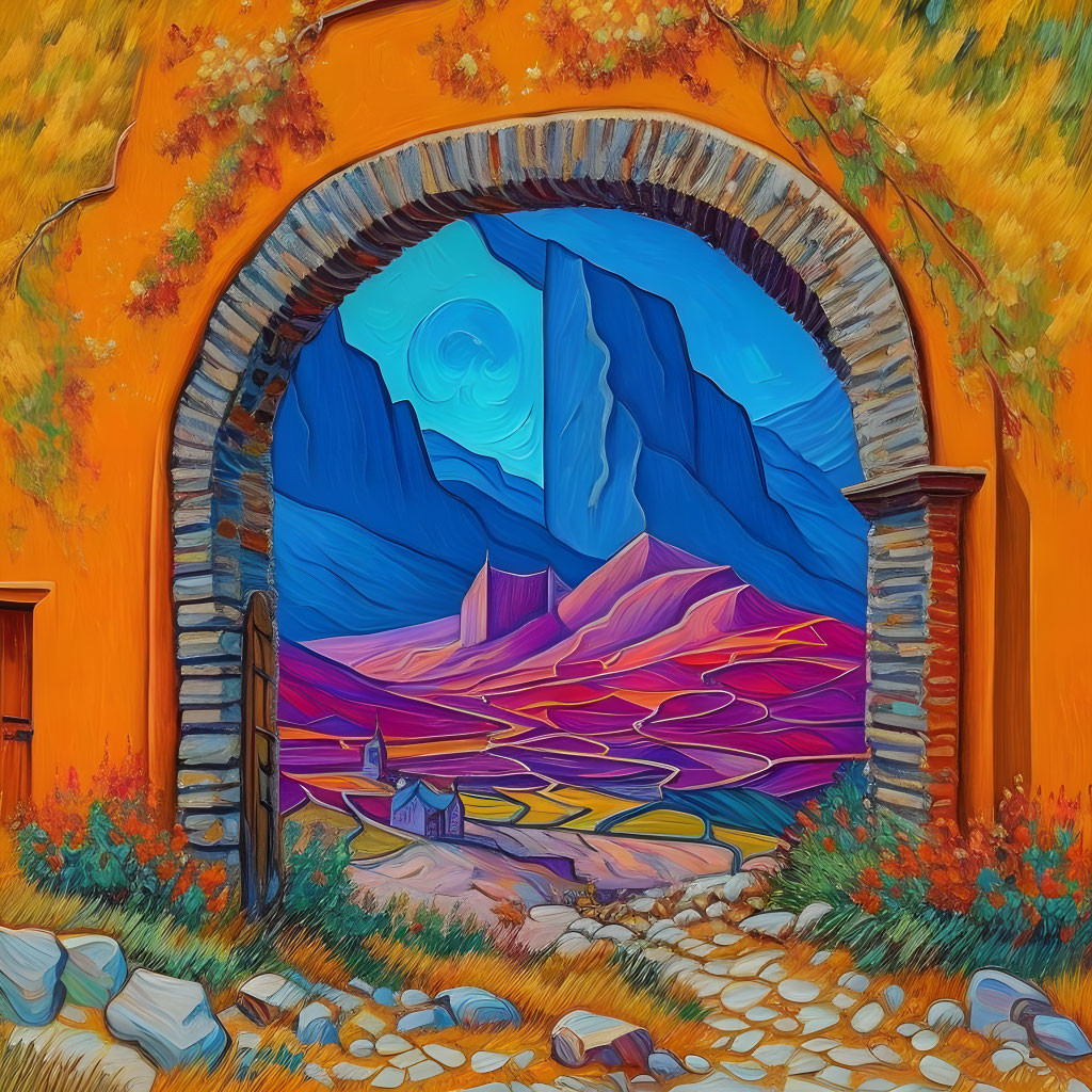 Colorful painting of a stylized landscape in arched doorway with swirling skies and autumn leaves