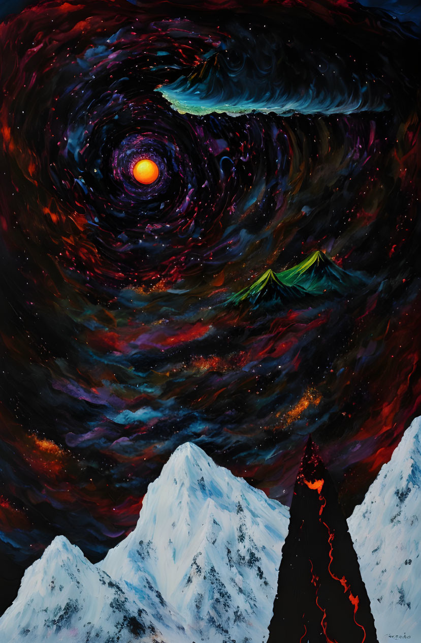 Snowy Peaks and Volcano Painting with Cosmic Sky