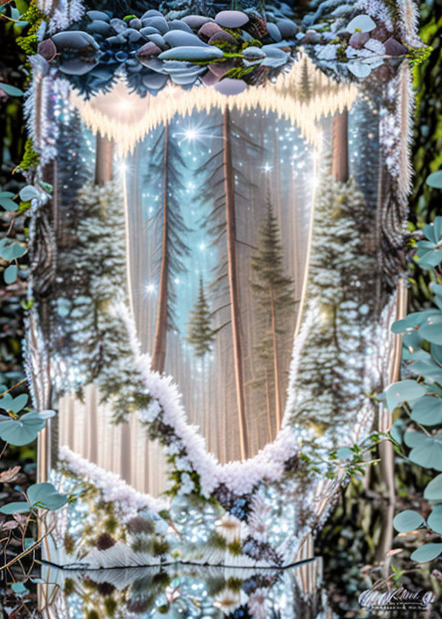 Snowy forest scene reflected in triangular prism with star effects