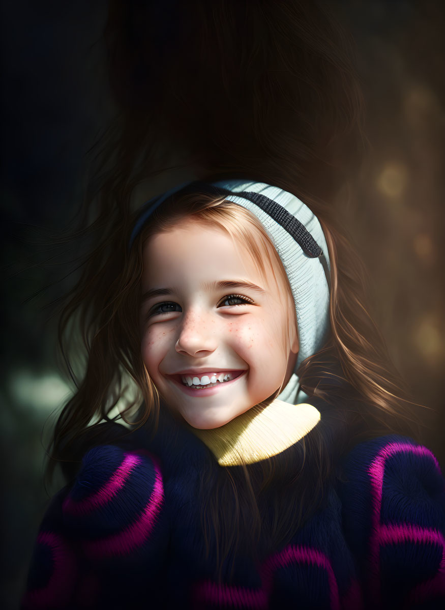 Smiling girl in striped hoodie under warm light