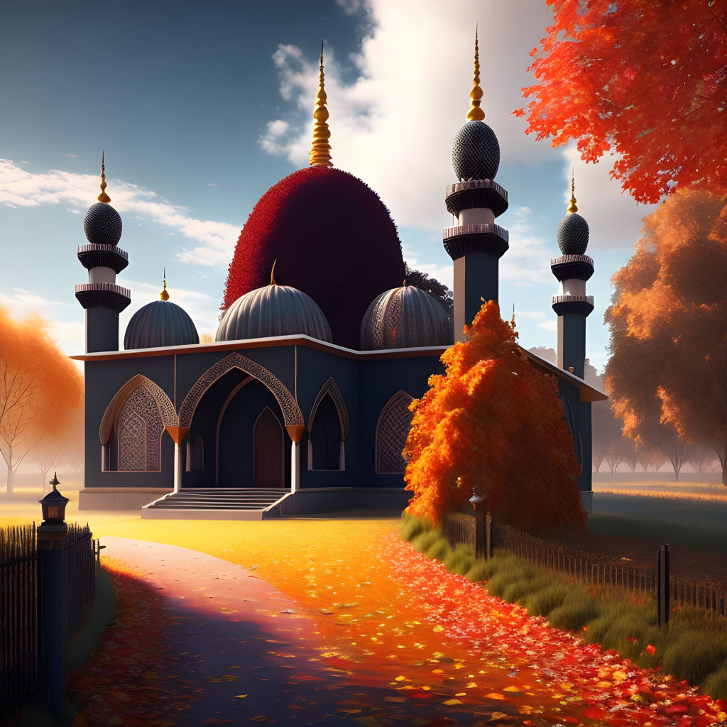 Grand Mosque with Ornate Domes and Minarets in Autumn Setting