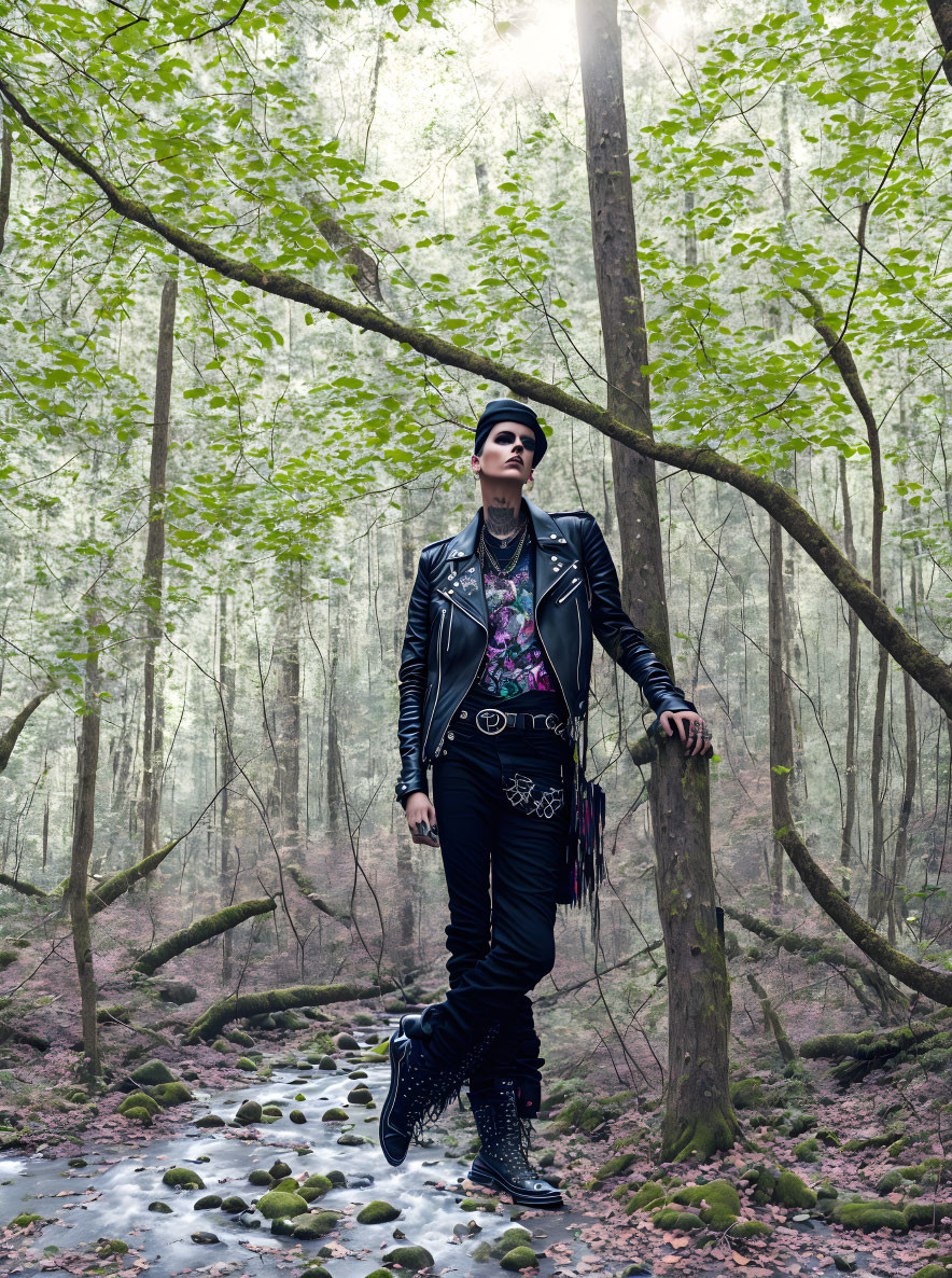 Punk-inspired person in leather jacket and boots in serene forest landscape