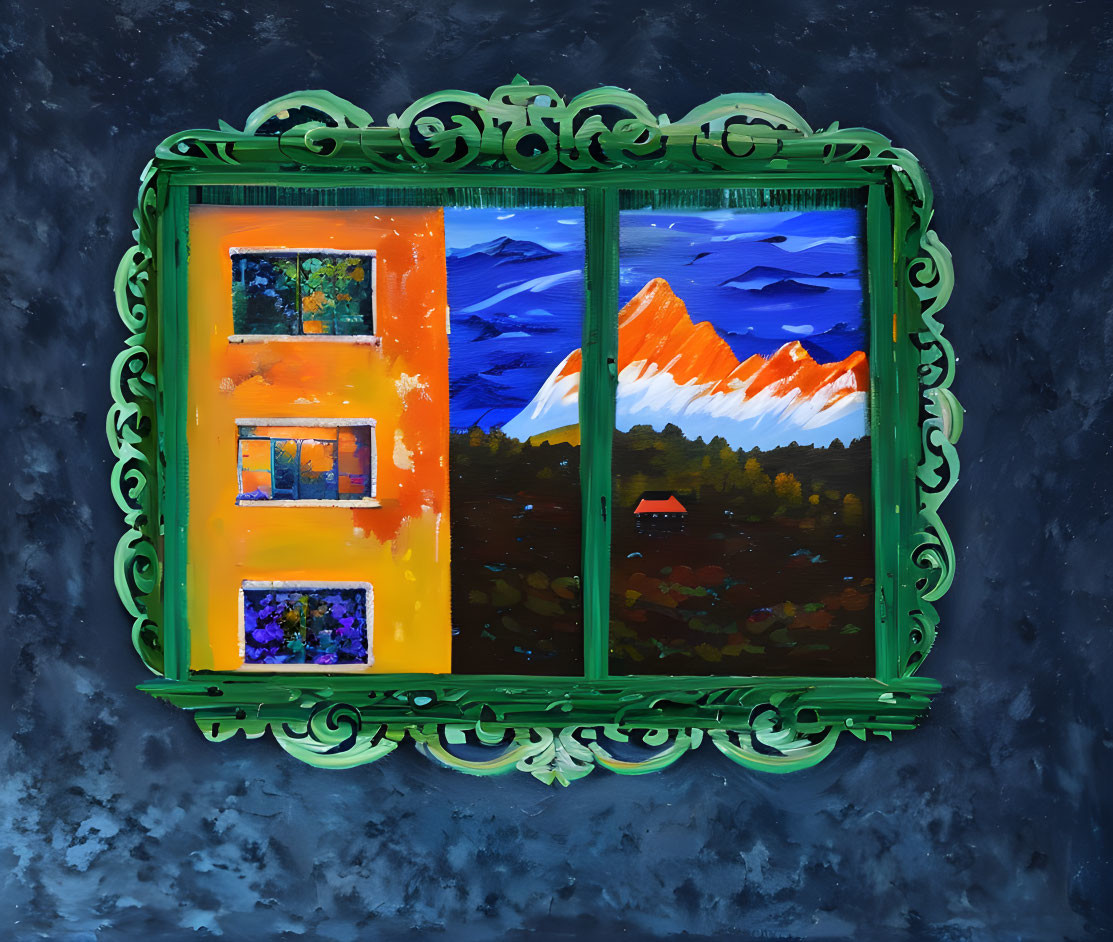 Green ornate window frame on dark blue wall with snowy mountain painting.