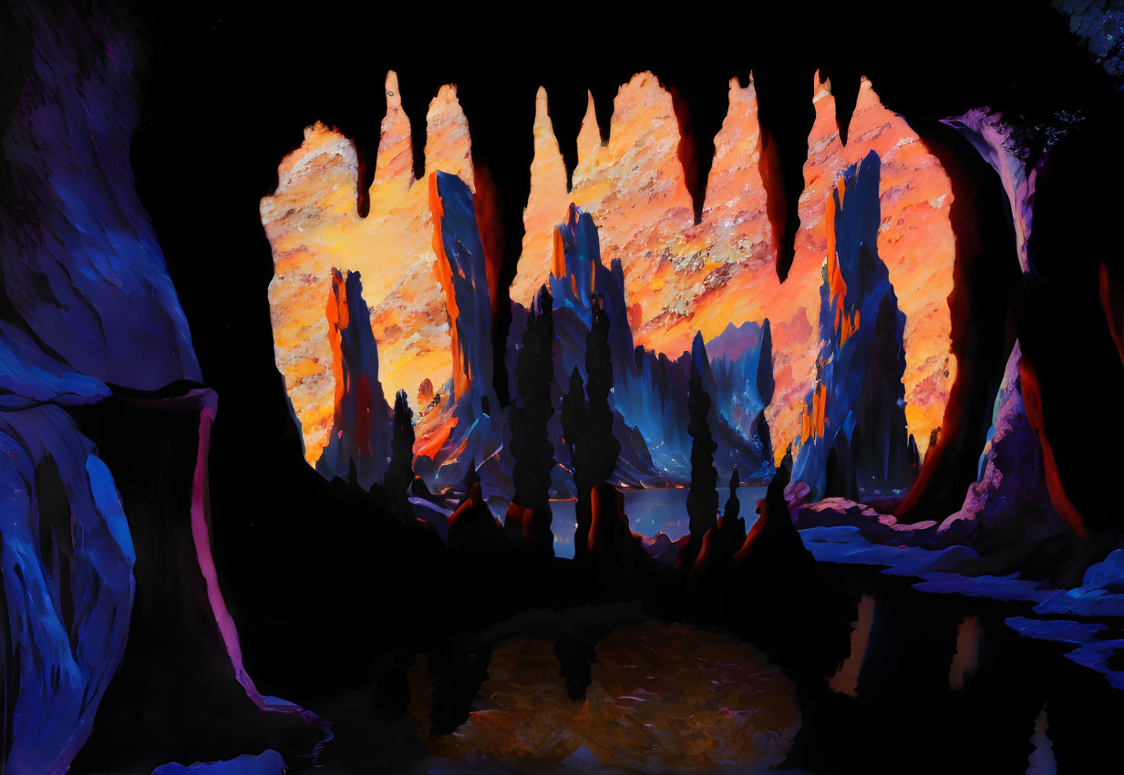 Mystical cave with orange and yellow stalactites above serene pool