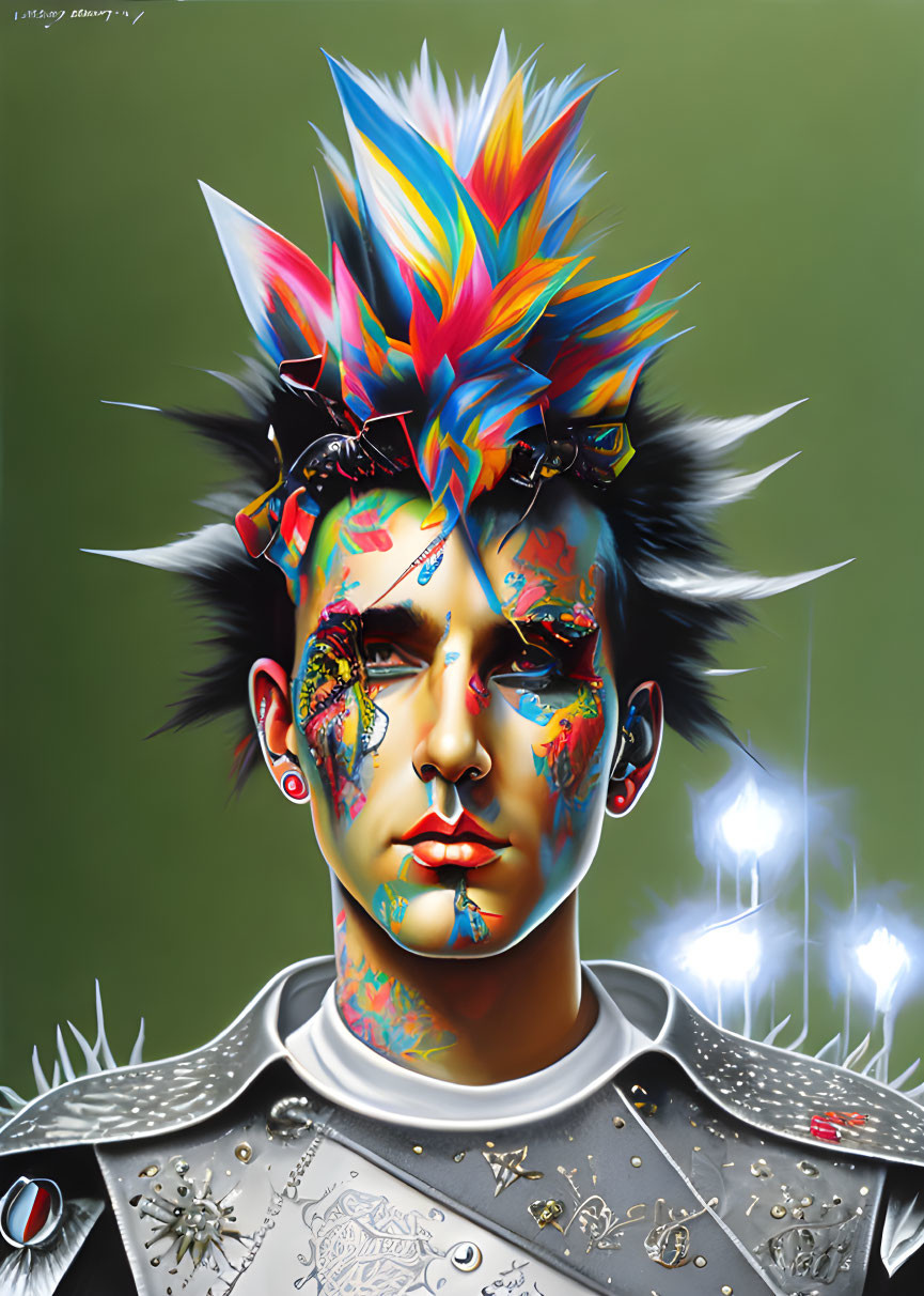 Colorful Spiked Mohawk Man with Face Paint and Floral Designs on Greenish-Grey Background