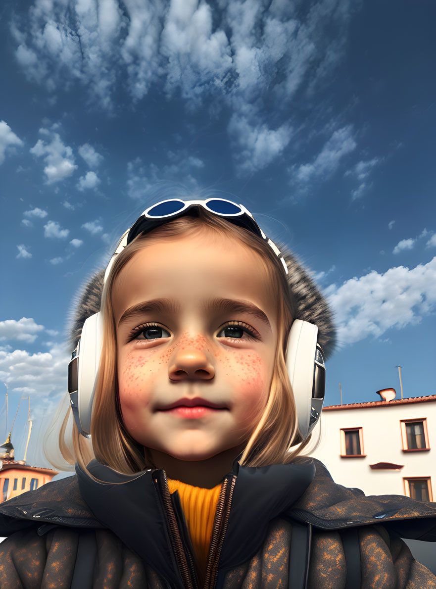 Young girl in sunglasses and headphones against blue sky and buildings