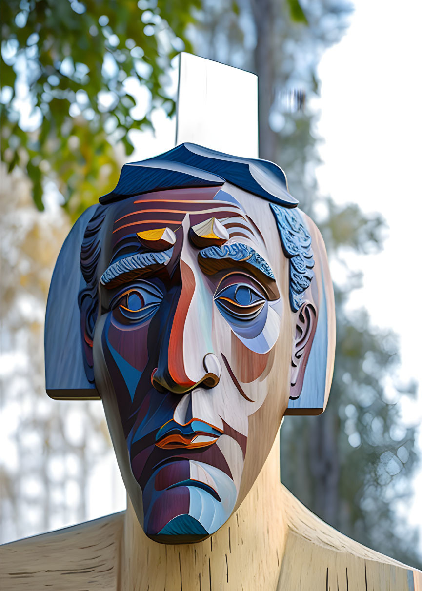 Colorful Stylized Human Head Sculpture with Abstract Geometric Features