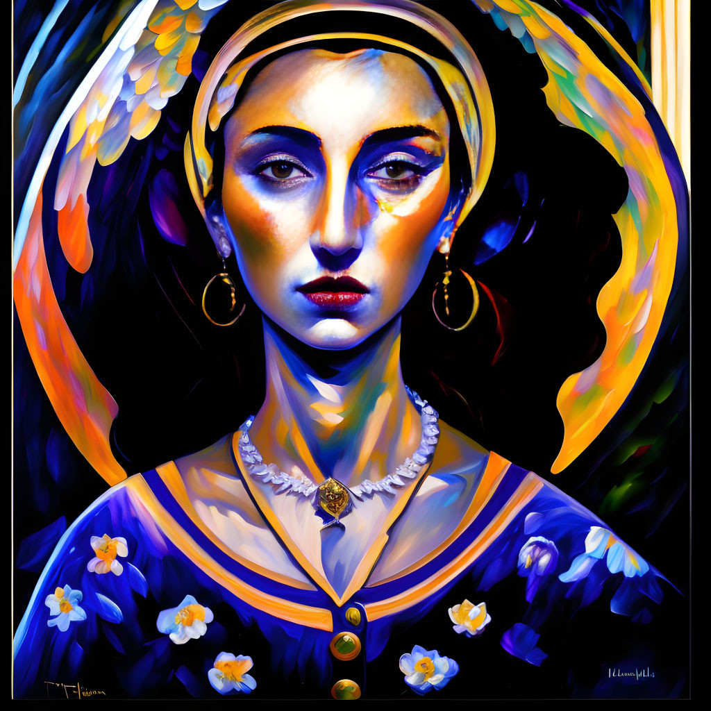 Colorful portrait of woman with serene expression in blue and gold tones, floral accents, and halo background