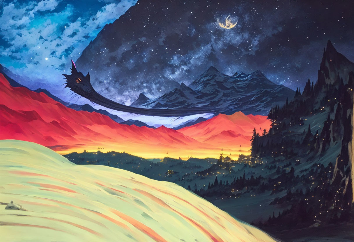 Vivid landscape painting: Crescent moon, fiery mountains, dark forest