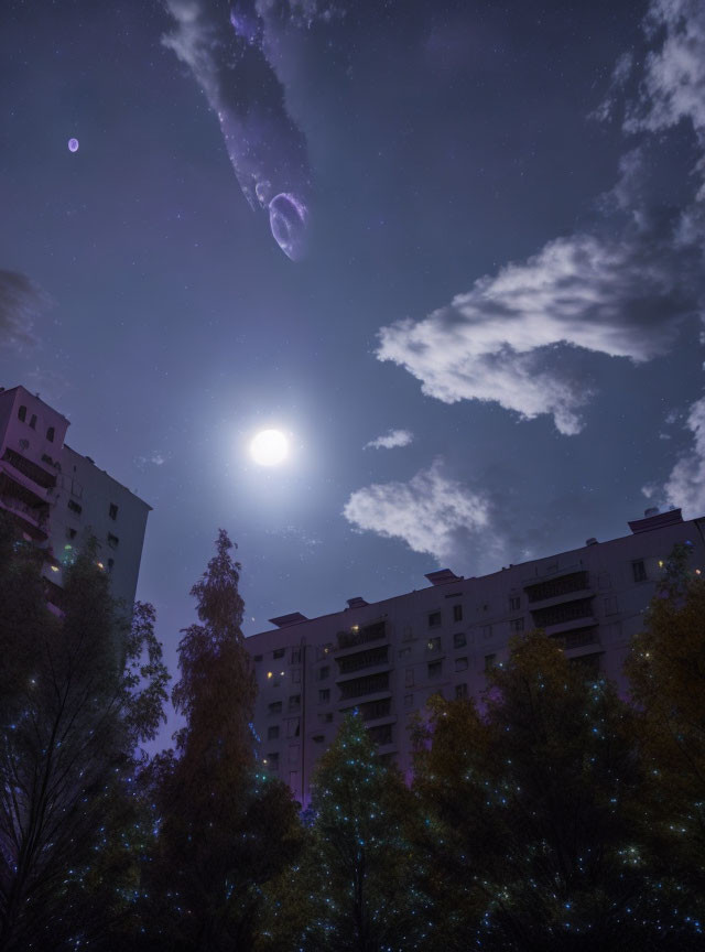 Bright Moon and Galaxy over Night Sky with Apartment Buildings and Trees