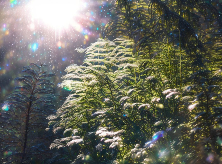 Forest canopy sunlight creates warm glow on ferns with bokeh effect.