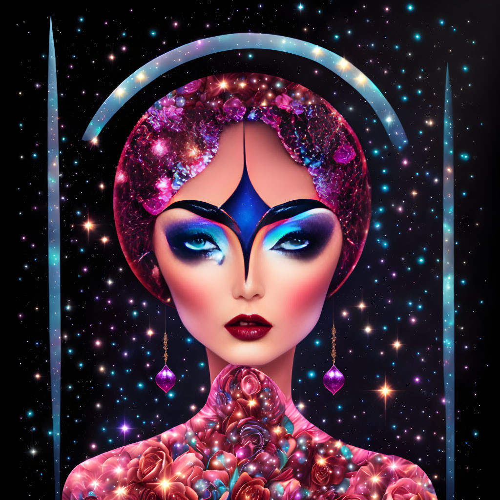 Cosmic-themed surreal portrait with floral elements and celestial background